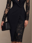 FJØRNA black blazer-style lace midi dress for women, elegant and sophisticated with detailed lace fabric and fitted silhouette.