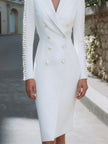 White Pearl-Trim Double-Breasted Blazer Dress for women by FJØRNA, featuring tailored fit and elegant pearl accents.