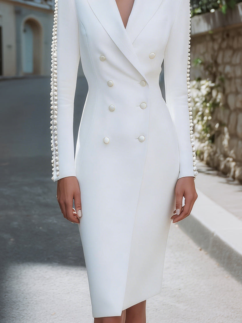 White Pearl-Trim Double-Breasted Blazer Dress for women by FJØRNA, featuring tailored fit and elegant pearl accents.