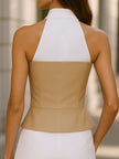 FJØRNA women's camel halter top with two-tone contrast collar and structured bodice, stylish and modern fashion top.