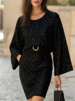 FJØRNA sequin knit bell-sleeve belted bodycon dress for women with sparkly, fitted design and stylish bell sleeves.