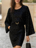 FJØRNA sequin knit bell-sleeve belted bodycon dress for women with sparkly, fitted design and stylish bell sleeves.