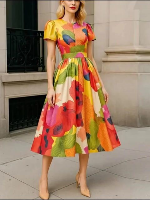 Red satin midi dress for women with A-line silhouette, pleated design, and puff sleeves by FJØRNA.