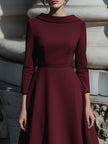 FJØRNA structured boat-neck burgundy midi dress for women, showcasing a fitted silhouette and elegant design.
