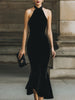 FJØRNA halter-neck mermaid cocktail dress for women, form-fitting dress with elegant silhouette and intricate design.