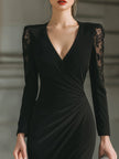 FJØRNA lace-panel draped V-neck midi dress featuring elegant lace details and flowy silhouette, perfect for formal occasions.