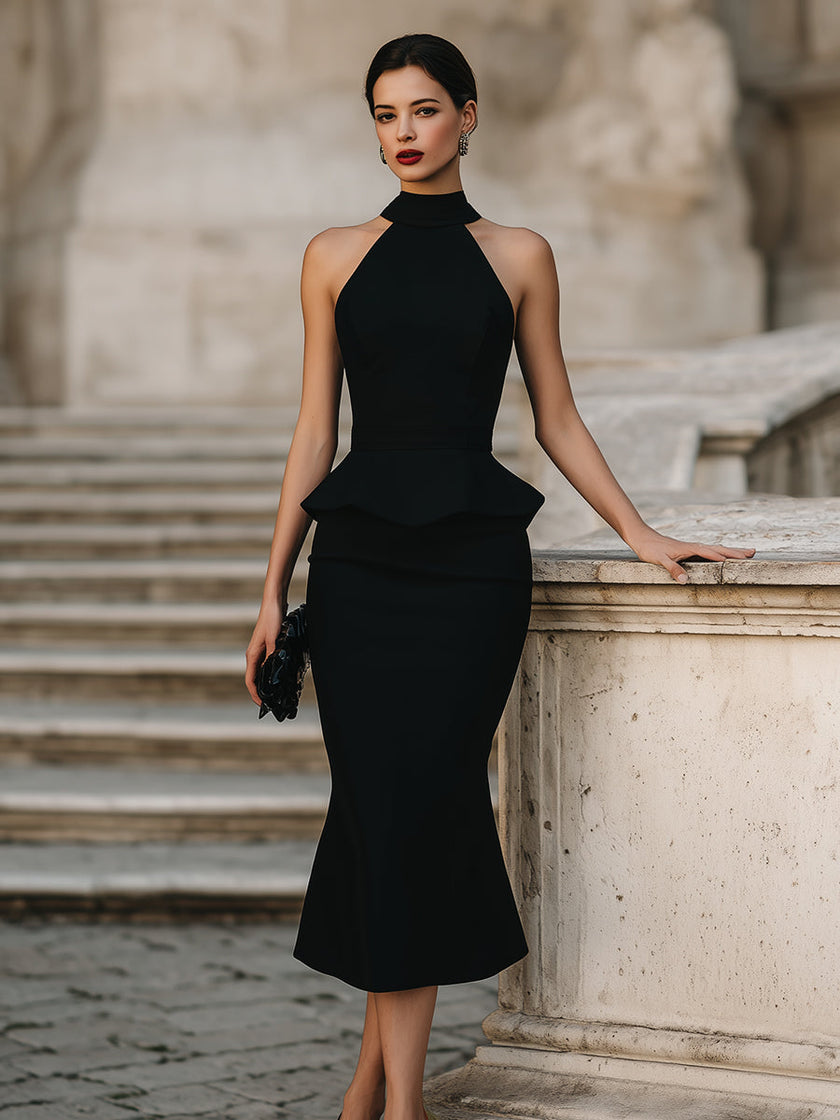 FJØRNA halter peplum midi dress for women, stylish sleeveless dress with fitted waist and flared hem, perfect for elegant occasions.