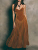 FJØRNA vintage caramel swan maxi dress with spaghetti straps, flowing fabric, and elegant silhouette, perfect for summer occasions.