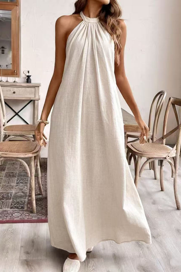 FJØRNA solid color loose halter neck backless casual maxi dress, perfect for weddings or casual occasions, shown in natural fabric.