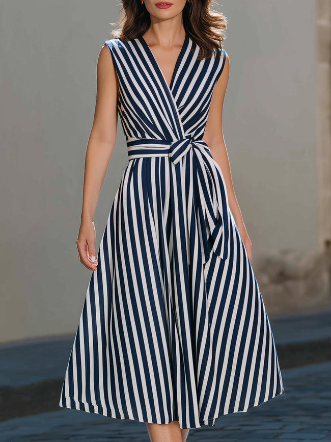 FJØRNA navy sleeveless wrap midi dress with vertical stripe pattern, stylish and elegant for versatile occasions.