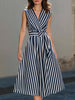 FJØRNA sleeveless wrap-style midi dress with vertical stripe pattern, showcasing a stylish, flowy dress with a fitted waist and elegant design.