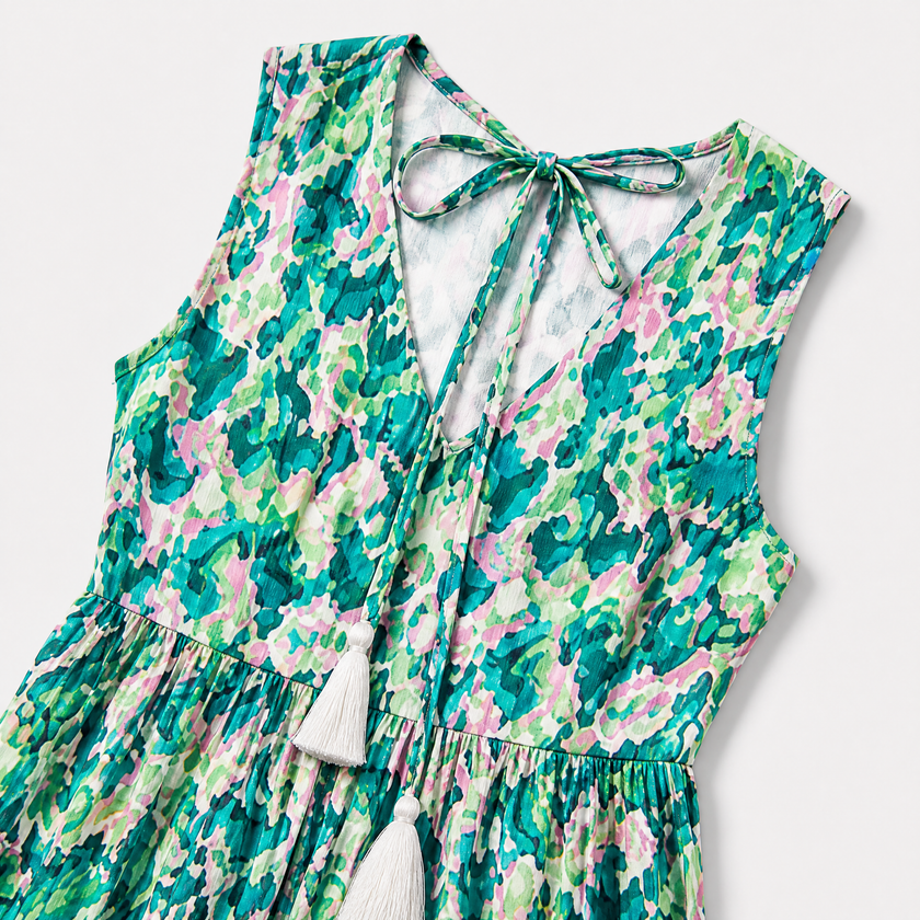 Women's sleeveless floral print boho maxi dress with tie neck details by FJØRNA, shown with flowing fabric and vibrant floral pattern.