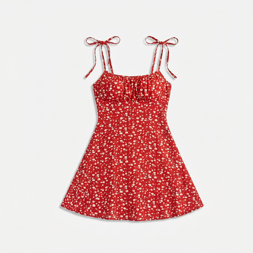 FJØRNA women's floral print tie strap mini dress with sleeveless design and lightweight fabric, perfect for summer wear.