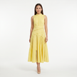 FJØRNA women's sleeveless lace panel midi dress displayed on a hanger, showcasing intricate lace details and elegant length.
