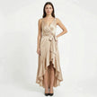 FJØRNA women's elegant sleeveless wrap midi dress hanging on a wooden hanger with a neutral background.