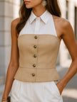 FJØRNA women's camel halter top with two-tone contrast collar and structured bodice, stylish and modern women's top.