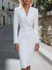 White pearl-trim double-breasted blazer dress for women by FJØRNA, featuring tailored fit and elegant design.