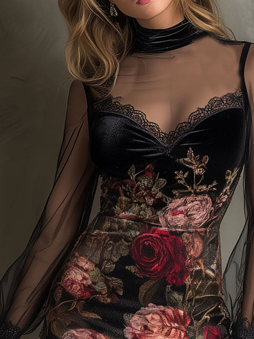 Velvet Rose Print Sheer Patchwork Women's Mini Dress With Lace Trim