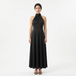 Women's satin high neck bridesmaid maxi dress by FJØRNA, featuring a sleek design and elegant high neckline.