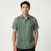 Men's green embroidered short sleeve Aztec print summer shirt by FJØRNA, featuring button-up front and intricate embroidery details.