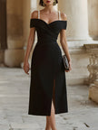 White off-shoulder midi dress for women with pearl-strap detail by FJØRNA, elegant dress perfect for special occasions.