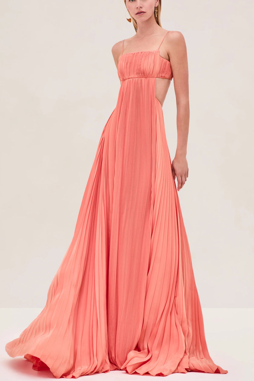 FJØRNA Sunset Varranza Cutout Plisse Maxi Dress featuring vibrant sunset colors and stylish cutout details