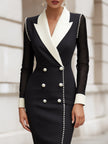 White FJØRNA blazer dress with pearl-trim mesh sleeves, contrast lapel, tailored fit, and classic design for women.