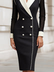 White FJØRNA blazer dress with pearl-trim mesh sleeves, contrast lapel, tailored fit, and elegant design for women.