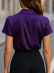 Purple satin blouse for women with striped pattern, short sleeves, and wide collar, by FJØRNA, shown on a model.