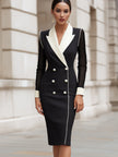 White FJØRNA blazer dress with pearl-trim mesh sleeves, contrast lapel, tailored fit, perfect for elegant women’s formal wear.