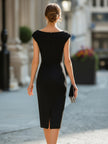 FJØRNA asymmetric draped cap sleeve midi dress with elegant design, showcasing flowing fabric and stylish silhouette.