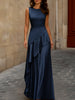FJØRNA satin sleeveless maxi dress with asymmetric draping, flowing fabric and elegant design, perfect for formal occasions.