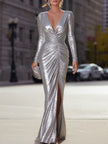 Silver FJØRNA evening dress for women with ruched deep V-neck, elegant design, suitable for formal occasions.