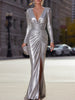 Silver FJØRNA evening dress for women with ruched deep V-neck, elegant design, suitable for formal occasions.