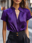 Purple satin blouse for women with striped pattern, short sleeves, and wide collar by FJØRNA.