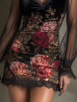 Velvet Rose Print Sheer Patchwork Women's Mini Dress With Lace Trim