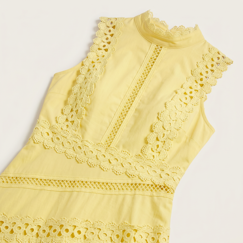 Women's sleeveless lace panel midi dress by FJØRNA, showcasing elegant lace details and a flowing midi silhouette.