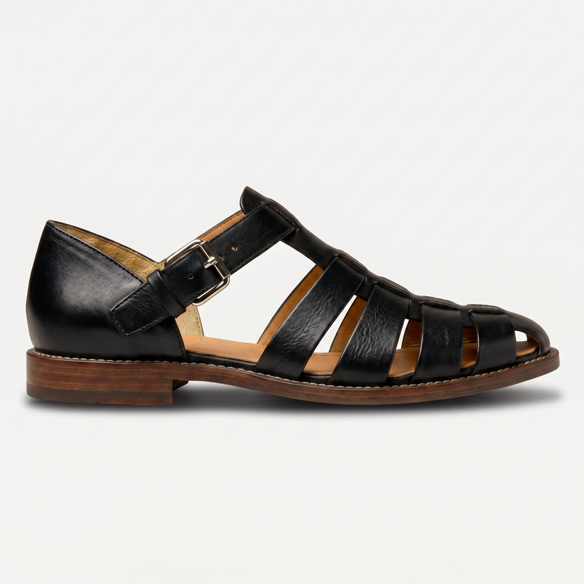 Men's leather closed toe fisherman sandals by FJØRNA featuring sturdy leather straps and a comfortable open-heel design.