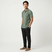 Men's green embroidered short sleeve shirt with Aztec print from FJØRNA, featuring button-up style and summer casual design.