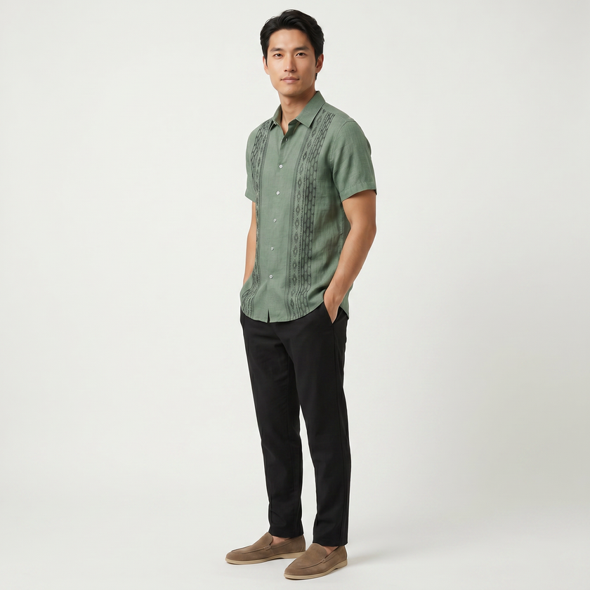 Men's green embroidered short sleeve shirt with Aztec print from FJØRNA, featuring button-up style and summer casual design.