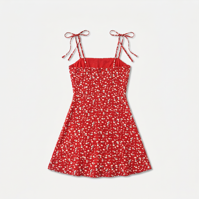 FJØRNA women's floral print tie strap mini dress with vibrant colors and lightweight fabric, displayed on a hanger.
