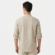 FJØRNA men's linen Henley shirt with grandad collar and rolled-up sleeves, perfect for casual summer wear.