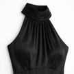 Women's satin high neck bridesmaid maxi dress by FJØRNA, featuring a flowing silhouette and elegant high neckline.
