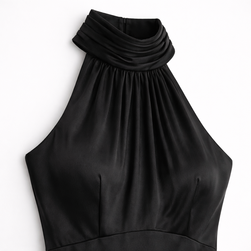 Women's satin high neck bridesmaid maxi dress by FJØRNA, featuring a flowing silhouette and elegant high neckline.