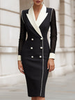 White FJØRNA blazer dress with pearl-trim mesh sleeves, contrast lapel, tailored fit, perfect for elegant women's dresswear.