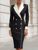 White FJØRNA blazer dress with pearl-trim mesh sleeves, contrast lapel, tailored fit, perfect for elegant women's dresswear.