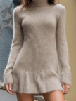 FJØRNA fuzzy turtleneck knit mini dress, cozy and stylish, shown in a soft, textured fabric with a fitted silhouette.