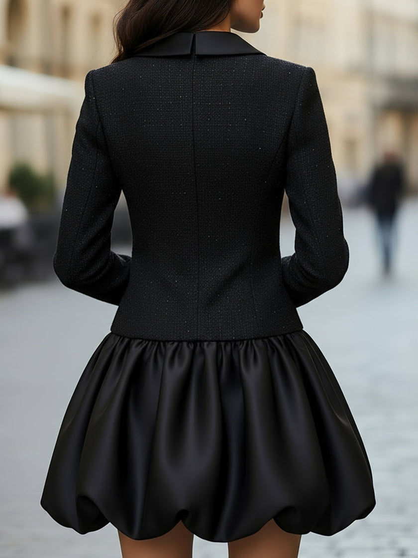 FJØRNA tweed and satin bubble hem dress for women, showcasing a stylish dress with mixed fabric textures and a playful hem detail.