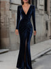 FJØRNA deep V-neck ruched velvet evening gown with long sleeves, elegant maxi dress suitable for formal occasions.