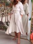 FJØRNA white high-low puff sleeve pleated maxi dress with lapel collar, elegant solid color design, full-length view